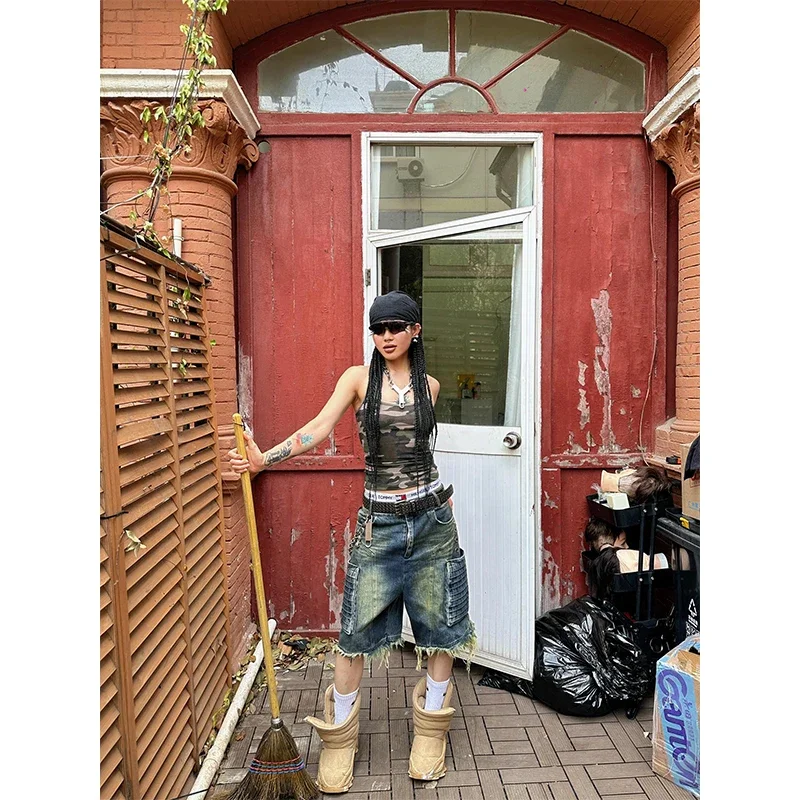 

Women Aesthetics Y2K Vintage Denim Shorts Female Summer High Waist Streetwear Wide Leg Jorts Casual Washed Baggy Jean Pants