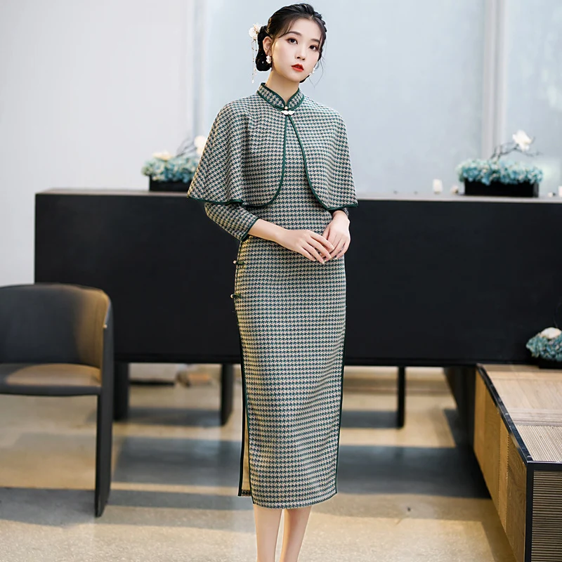 Autumn Cheongsam Set Sexy Slim Fit Long Qipao Shawl Two Piece Fashion Printing Elegant Temperament Chinese Traditional Dress