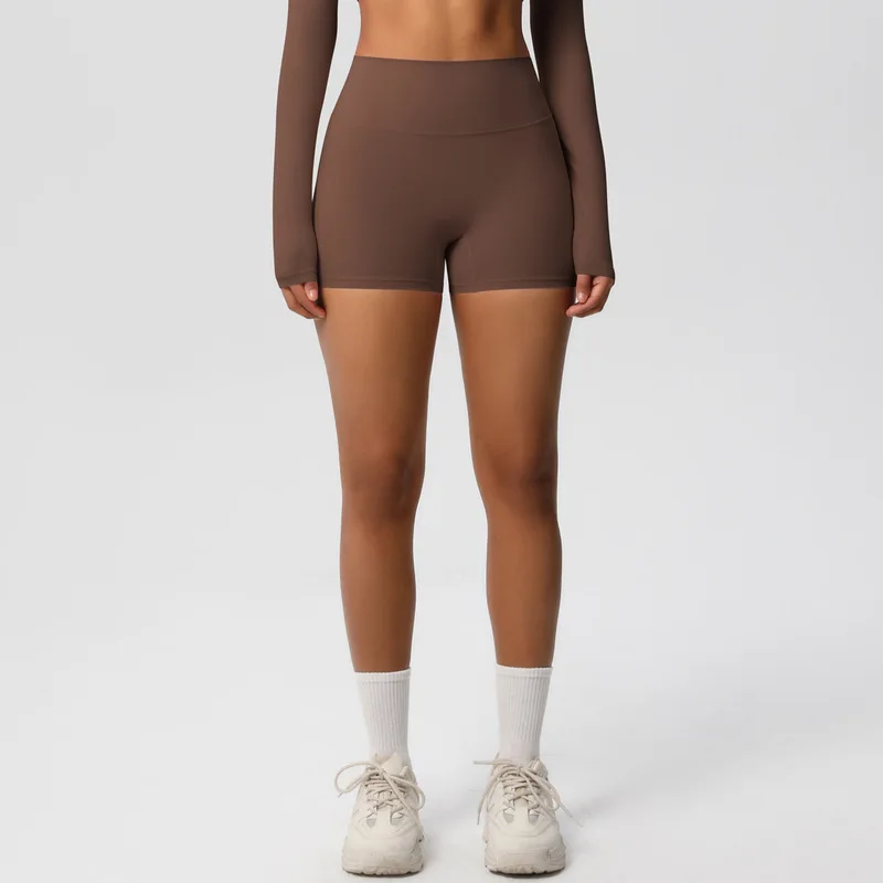 In-stock cross-border solid color double-sided brushed high-waisted tight-fitting butt-lifting yoga shorts for women, suitable f