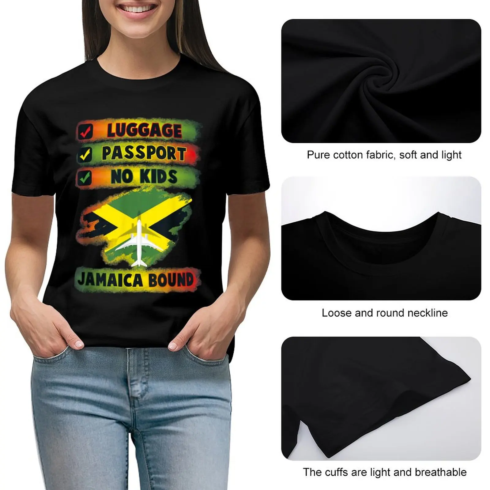 Travel Vacation To Jamaica Bound Luggage Passport No Kids Shirt Graphic Shirt Casual Short Sleeved Female Tee T-Shirt Size S-4XL