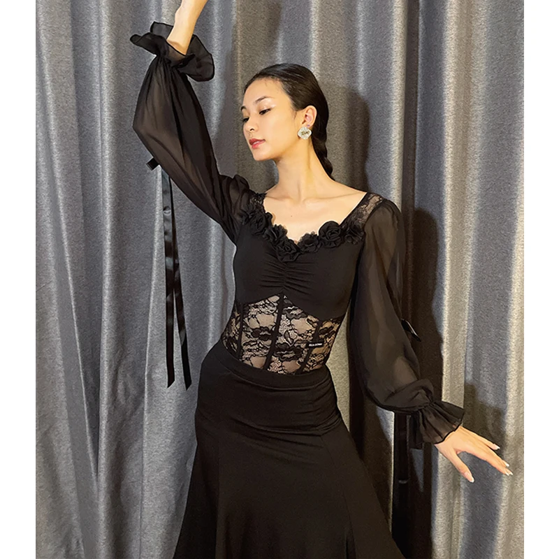 Abiti da ballo da sala Donna Nero Llace Fiore Maglia Maniche a sbuffo Tuta Valzer Abbigliamento da ballo Performance latina Top BL16186