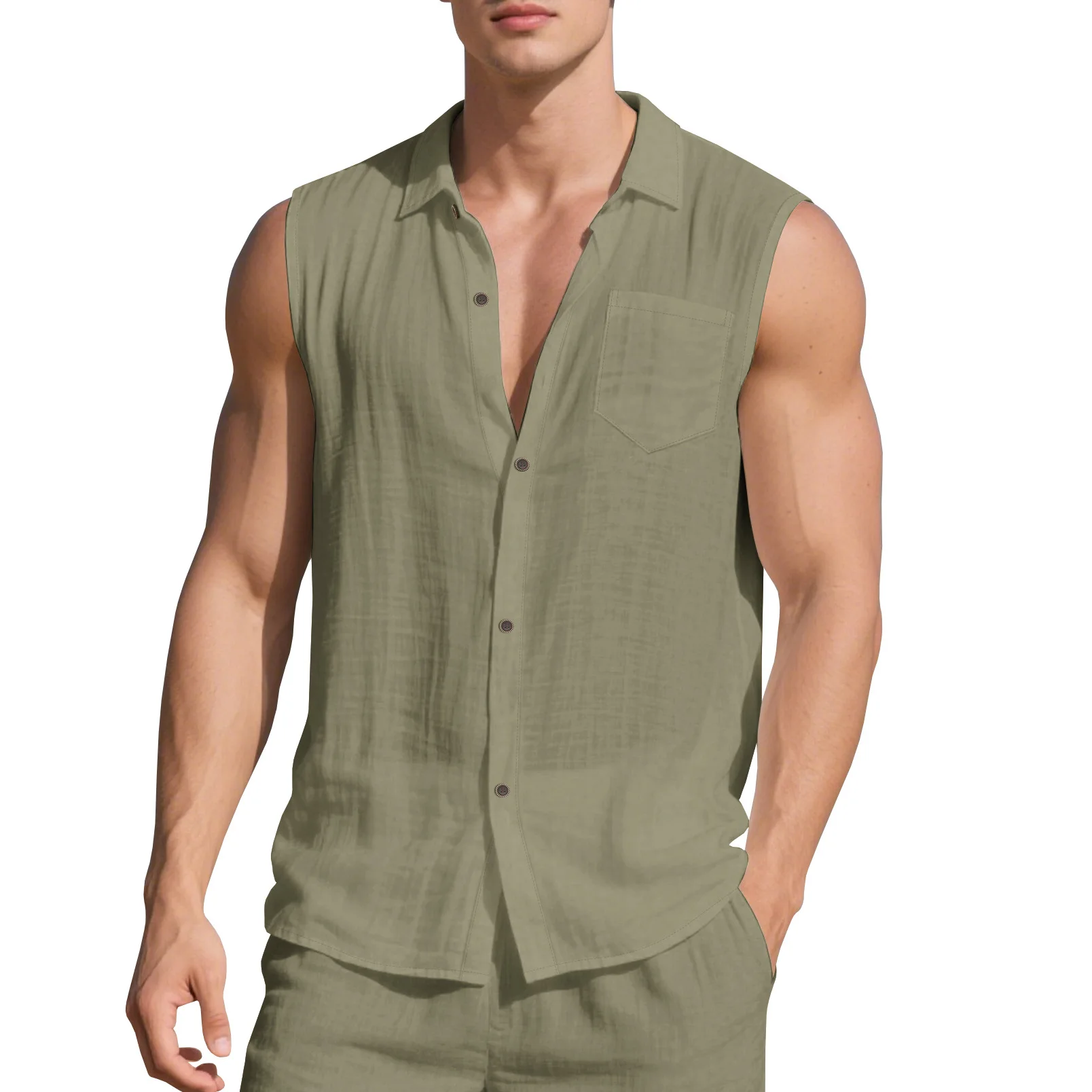 Camisa de Playa sin Mangas para Hombre, Estilo Europeo y Americano, con Solapa, Novedad de Verano, Holgada, de Lino, Simple y Casual 4