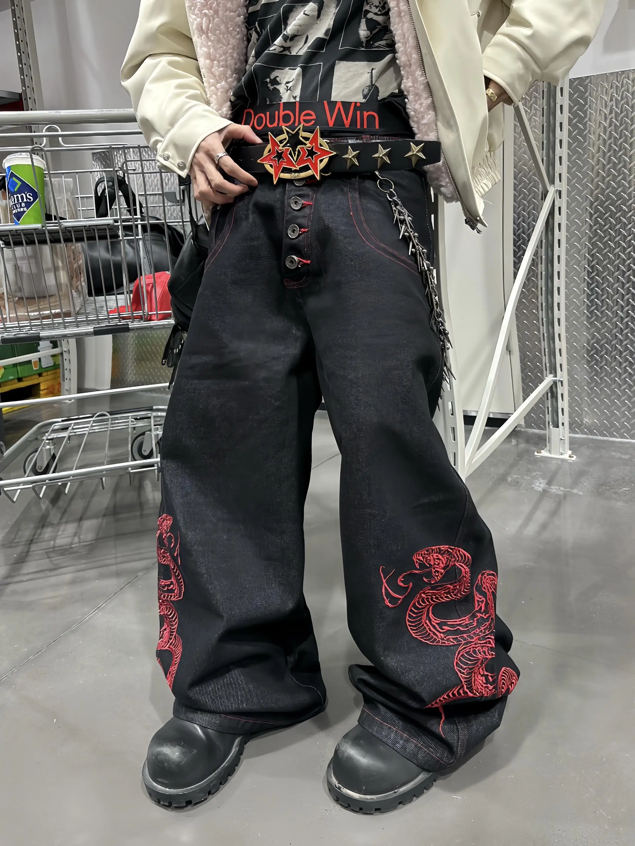 

American Vibe Hip Hop Street Style Double Dragon Embroidery Unique Jeans Men's Straight Loose Wide Leg Long Trousers