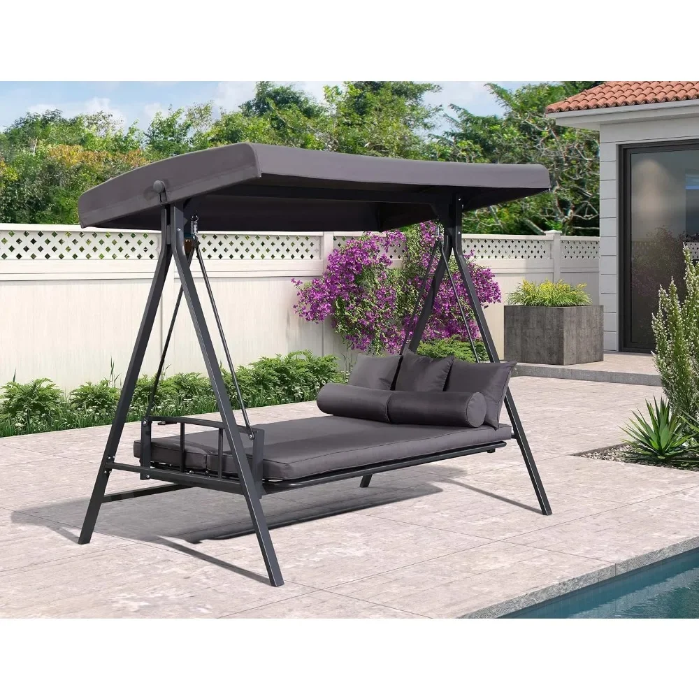 Outdoor Patio Porch Swing with Adjustable Backrest - 3-Seat Weather Resistant Steel Frame Chair