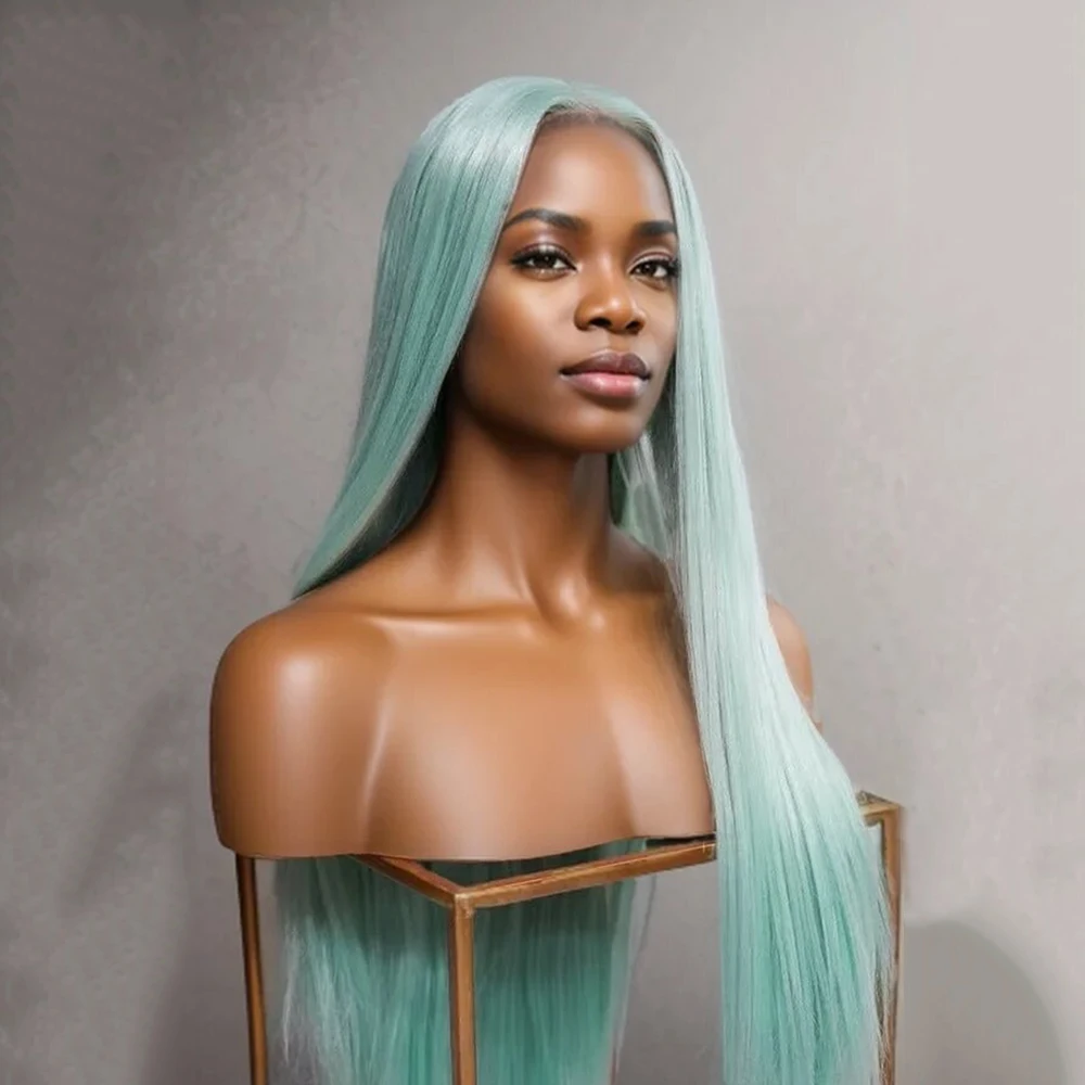 Mint Green Synthetic Hair Long Straight Silk Middle Part Mint Color Lace Front Wig Natural Heat Resistant Fiber Cosplay Hair