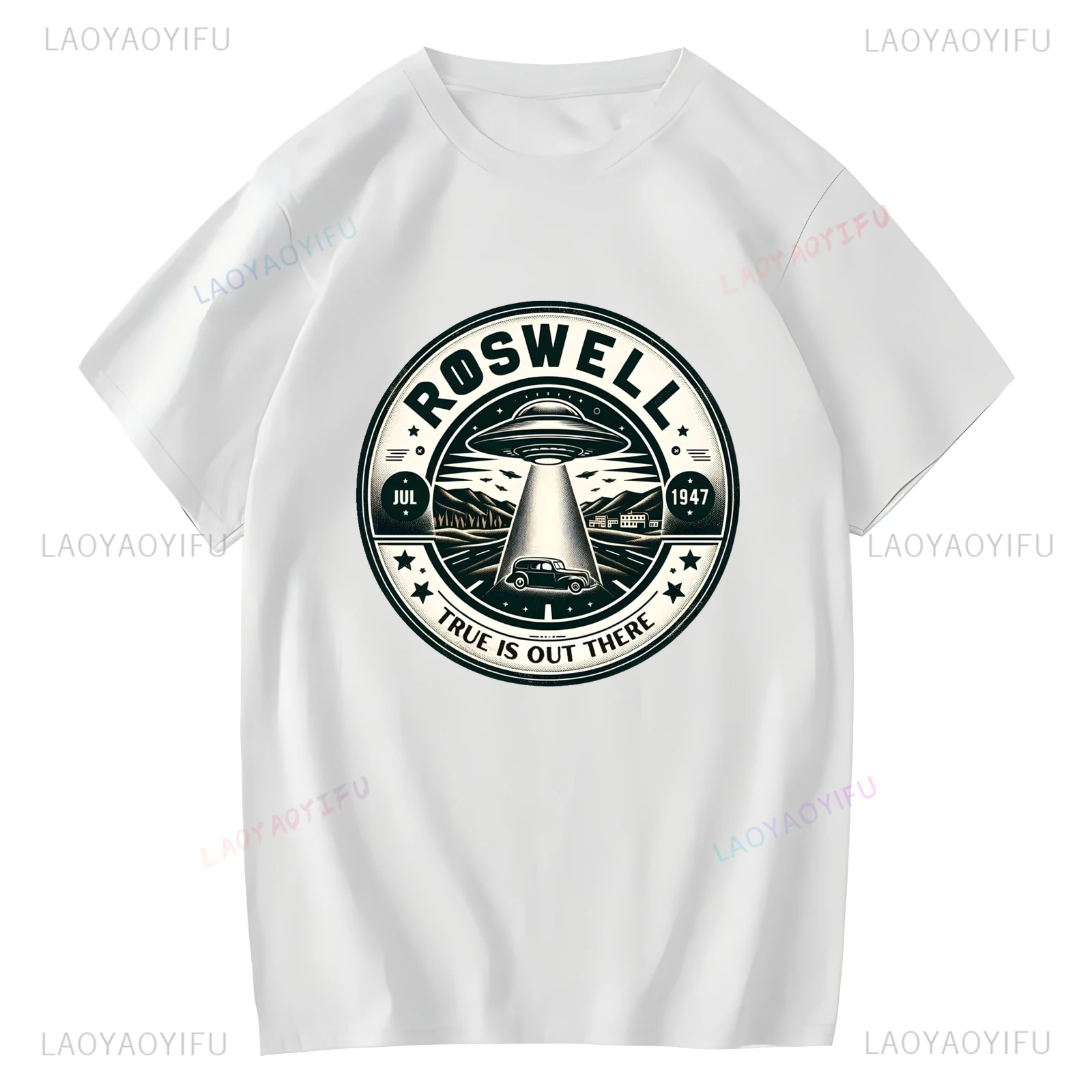 1947 ROSWELL TRUE IS OUTERE-UFO-ET- قميص مطبوع برسومات عتيقة، تي شيرت كاجوال أنيق لعشاق استكشاف الكون #2