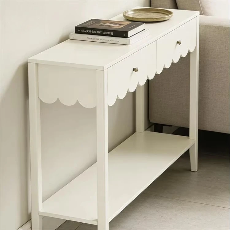 xk-Console Table MDF Material Two Drawers Scalloped Edge Design Open Shelf Layered Storage for Entryway Living Room Aparador）