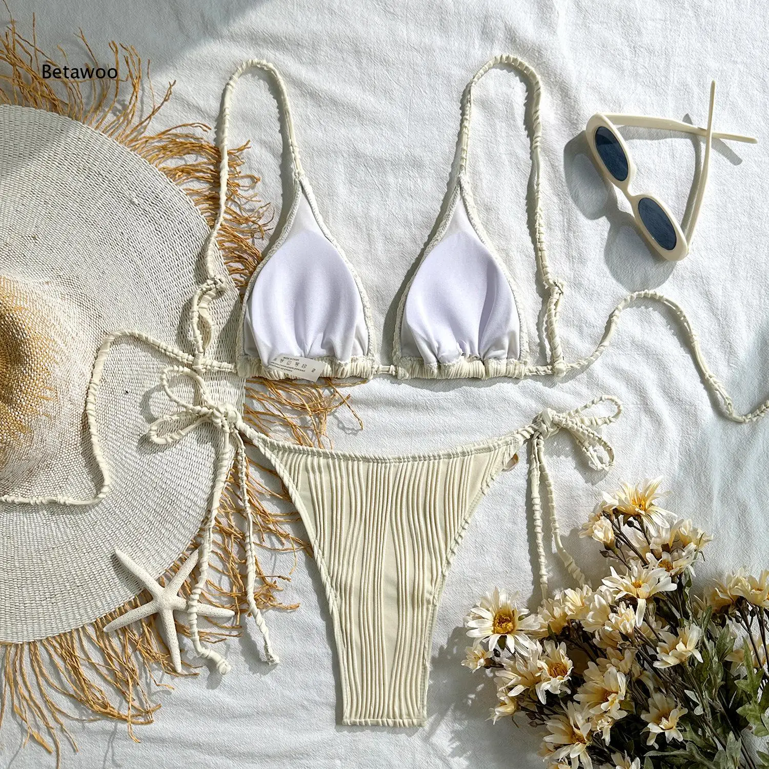 Beige Pleated Lace Trim Tie Side Triangle Two Piece Bikini Swimsuit