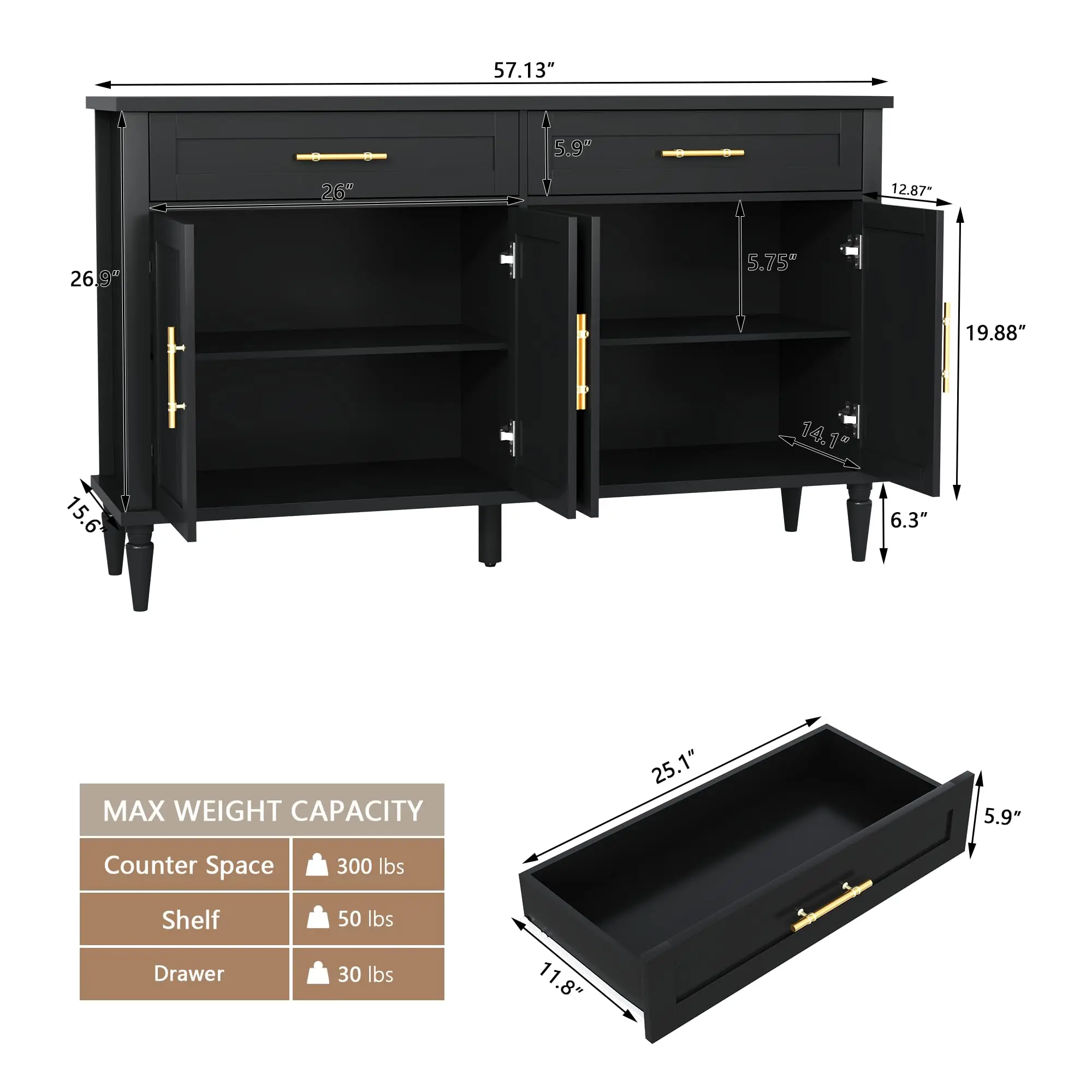 58 Inch Sideboard Buffet Cabinet with Storage, Fluted Buffet Storage Cabinet with 2 Drawers and 4 Doors, Modern Coffee