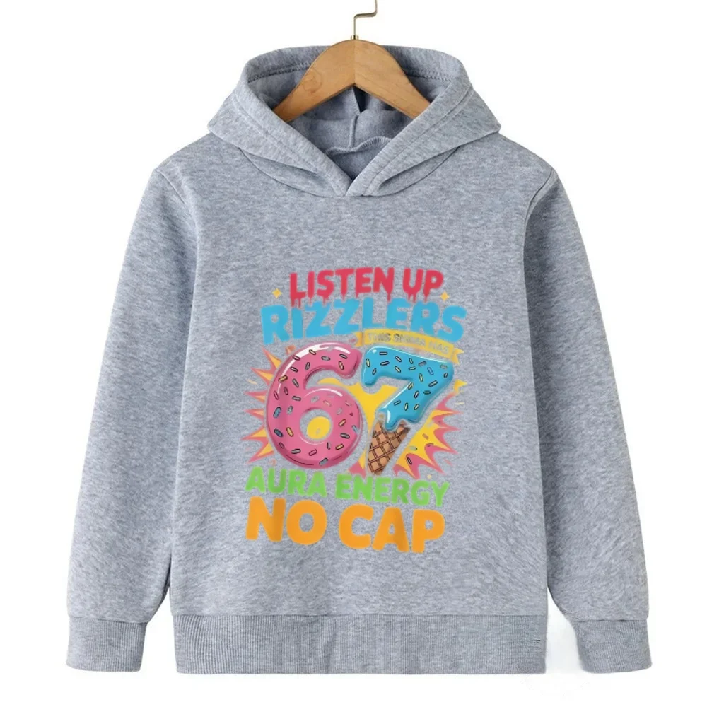 Rizzlers 67 Sigma Hoodie für Kinder, Jungen und Mädchen, Unisex Streetwear Sweatshirt, Donut-Eiscreme-Grafikdruck, Langarm-Kapuzenpullover – Detail 7