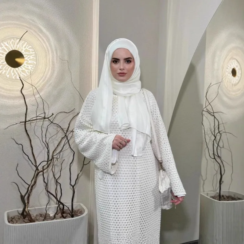 Novo vestido feminino vazado kaftan oriente médio abaya robe manga comprida solto maxi vestido flowy chiffon para outono praia