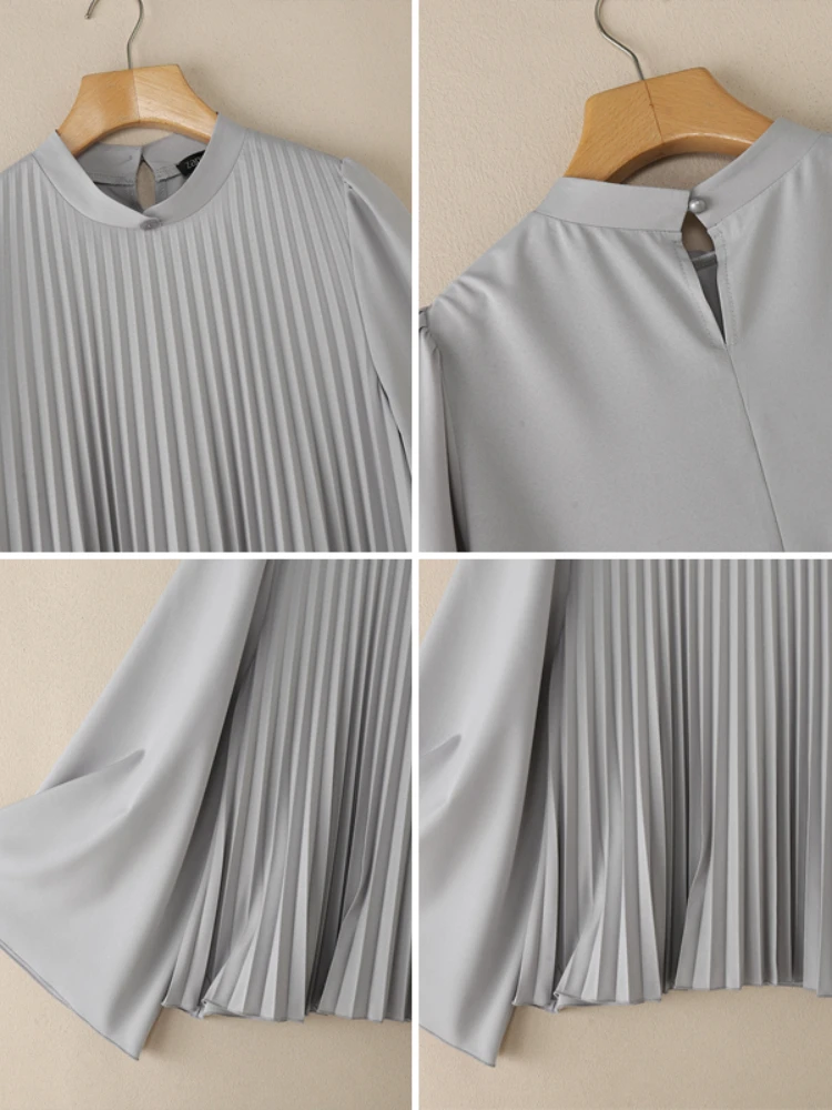 Femmes élégant Chic Plisse Blouses col montant manches longues évasées couleur unie hauts plissés ZANZEA automne mode femme vêtements