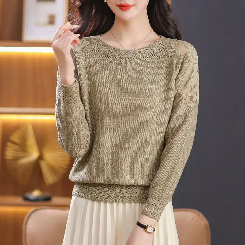 Women\'s Clothing Solid Spring Autumn Pullover Round Neck Lantern Long Sleeve Screw Thread Sweater Knitted Casual Elegant Tops