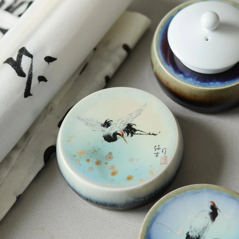 

Jingdezhen Hand-Painted Glaze Kiln Color Cover Retro Ceramic Pot Cover Holder Shelve Tea Ceremony Decoration Kung Fu Tea Utensil