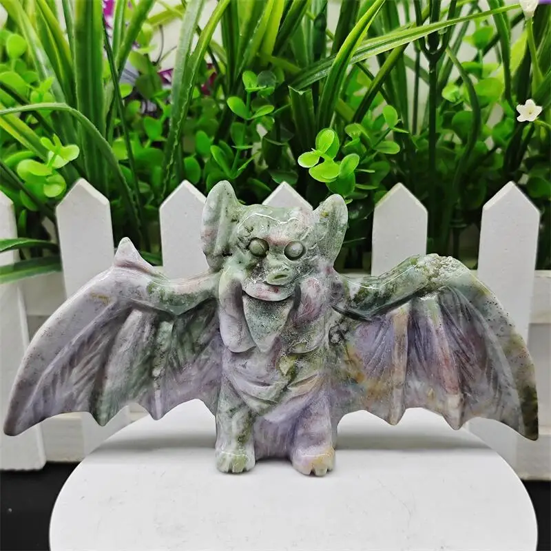 Natural Ocean Jasper Bat Carving Statue Crafts Animal Polished Healing Figurine Home Ornament Gift 1PCS