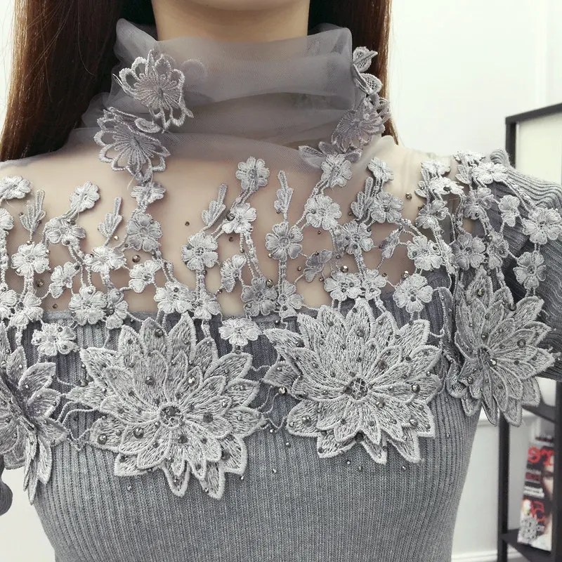 

2023Autumn Winter Women Sweater Turtleneck Lace Flower Long SleevesPullovers Knitted Sweaters Elegant Jumper Pull Femme