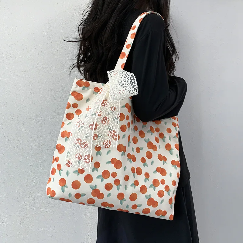 

Cute Flower Print Women's Tote Shoulder Bag Sweet Lace Bowknot Ladies Travel Handbags Large Capacity Female Canvas Shopping Bag