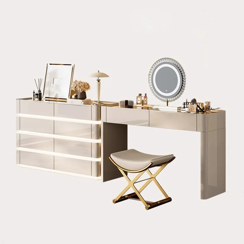 

# Modern Minimalist Vanity Table: Luxury Solid Wood Bedroom Furniture with Mirror and Light for Apartments
