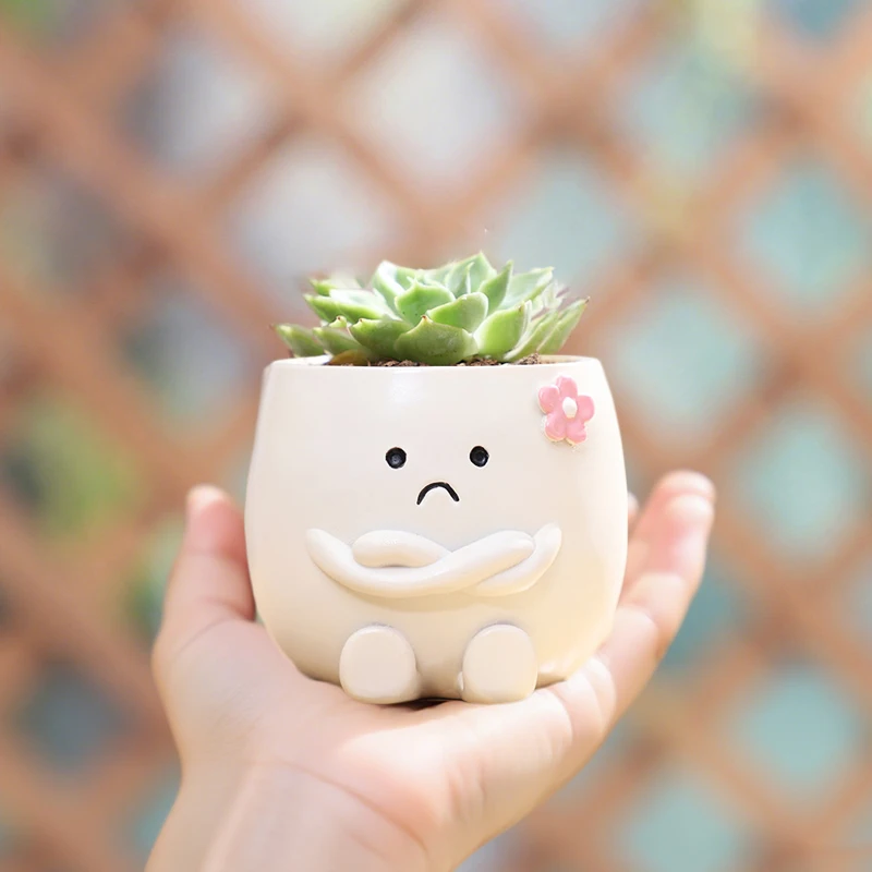 Smiley Face Mini Plant Pot Resin Succulent Planter for Home Office Desk Decorative Ornament Fairy Garden Flowerpot Decoration