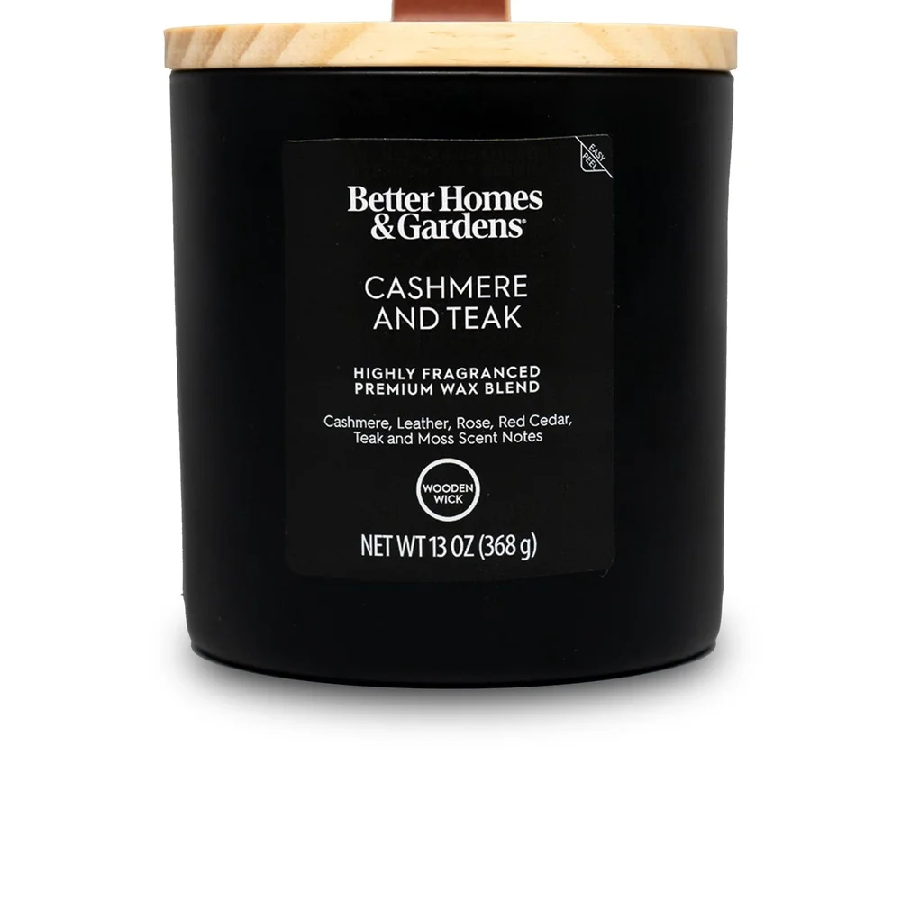 木製芯入りアロマキャンドル 13オンス カシミアチークの香り ブラックガラス ホームデコレーション 65時間燃焼 レザー蓋