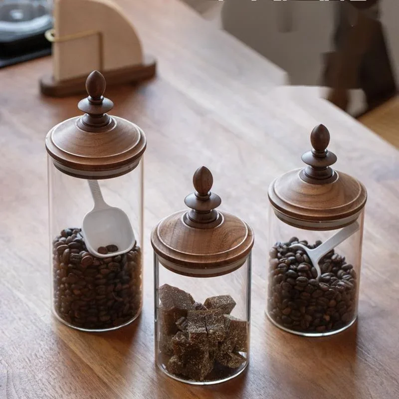 

Simple Japanese Style Coffee Bean Storage Jar With Black Walnut Lid And Glass Jars For Cereals Sealed Storage Container