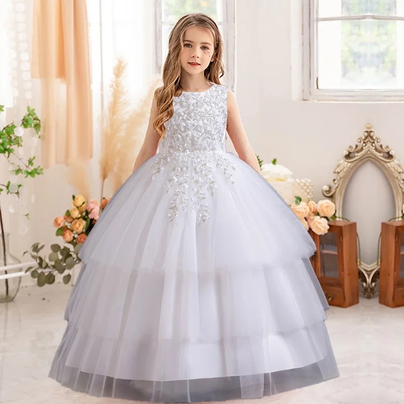 Girl\'s embroidered sequin princess dress Ages 4-14 Fashionable bow long mesh dress carnival birthday party performance dress