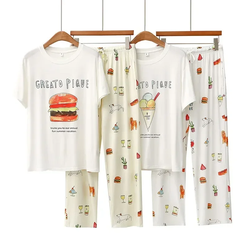 Fashion Modal Ladies Cartoon Burger Ice Cream Short Sleeved Pants Casual Pajamas Sweet Home Clothes Can Be Worn Outside