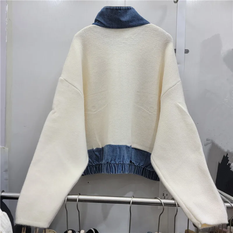 Spring Autumn Women Apricot Short Knitwear Coat Fashion Stand-collar Cowboy Big Pocket Knit Cardigan Jacket Casual Streetwear