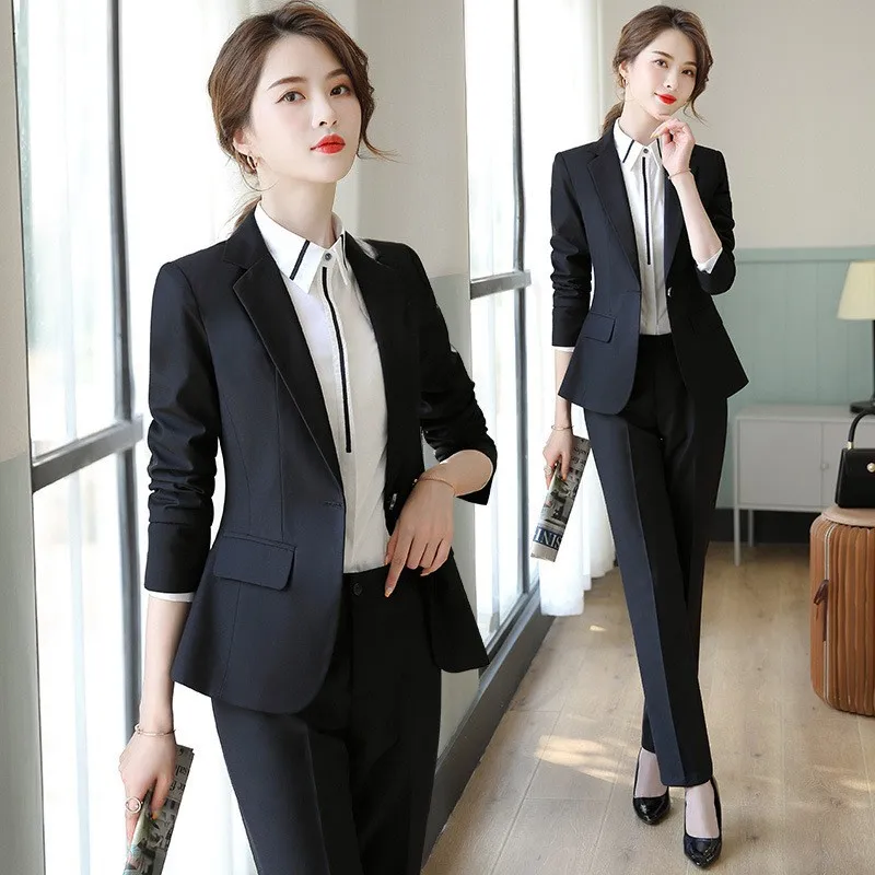 9822Women's black long-sleeved business suit, formal office attire, workwear for white-collar workers