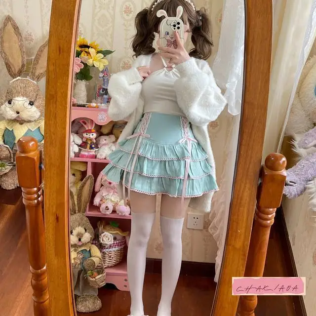 Falda japonesa dulce y suave de Lolita para mujer, falda con cordones en polvo de encaje de viento, falda de pastel en capas con lazo de cintura alta, multicolor