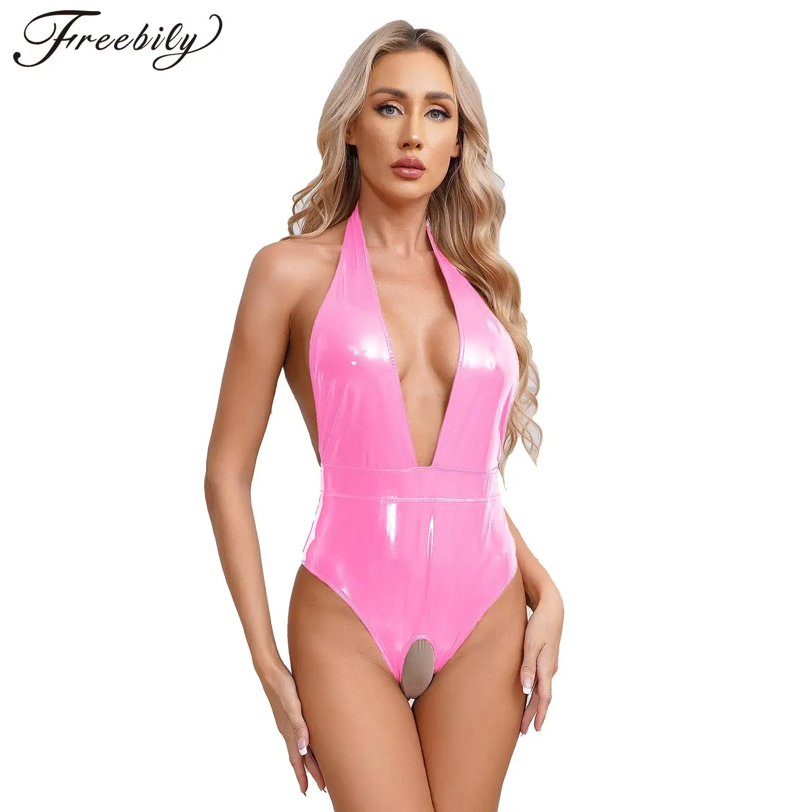 

Womens Sexy Crotchless Bodysuit Wet Look Patent Leather Halter Deep V Backless Leotard Nightclub Pole Dancing Catsuit Nightwear