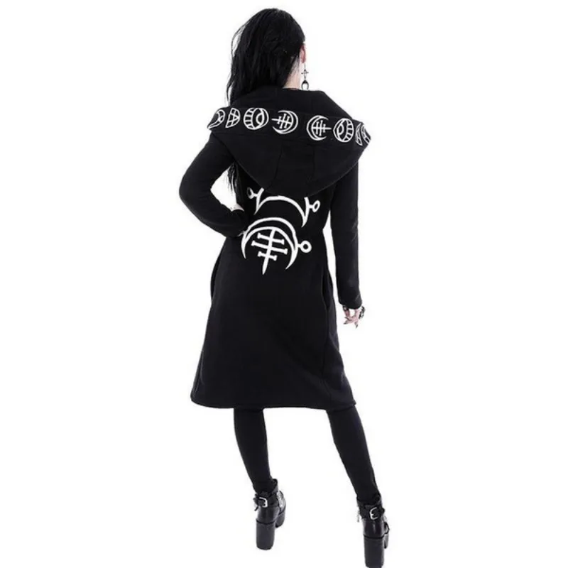 Gothic Punk Long Hoodies Women Sweatshirts 2023 Halloween Moon Print Long Sleeve Streetwear Women\'s Loose Coat Hooded Cardigan