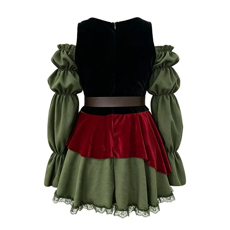 Women Pirate Cosplay Costume Off‑Shoulder Ruffle Sleeve Dress with Bandana for Halloween Theme Party Fancy Role Play Outfit