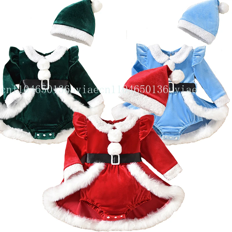 

2026 Green Christmas Elf Romper With Hat Blue Baby Girl Christmas Dress Red Infant Santa Claus Princess Dresses
