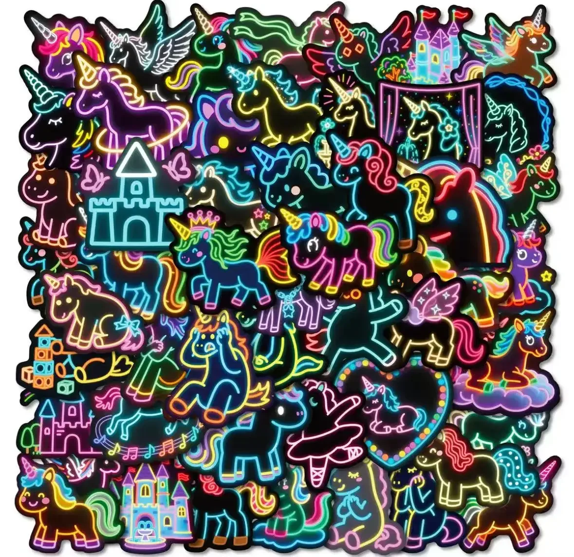

56 neon unicorn graffiti stickers featuring glossy black borders and vibrant colors You can decorate wherever you want it to be