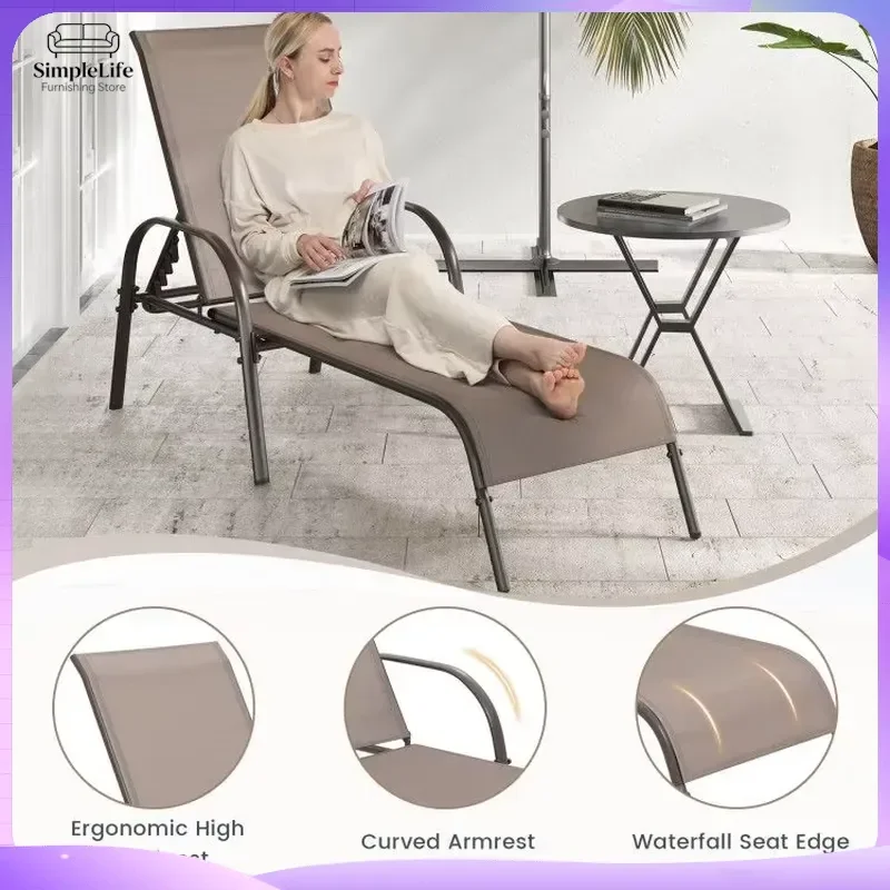 2 Pack Outdoor Patio Sun Loungers with Adjustable Reclining Backrest Armrests Foldable Lightweight Garden Lawn Beach Lounge