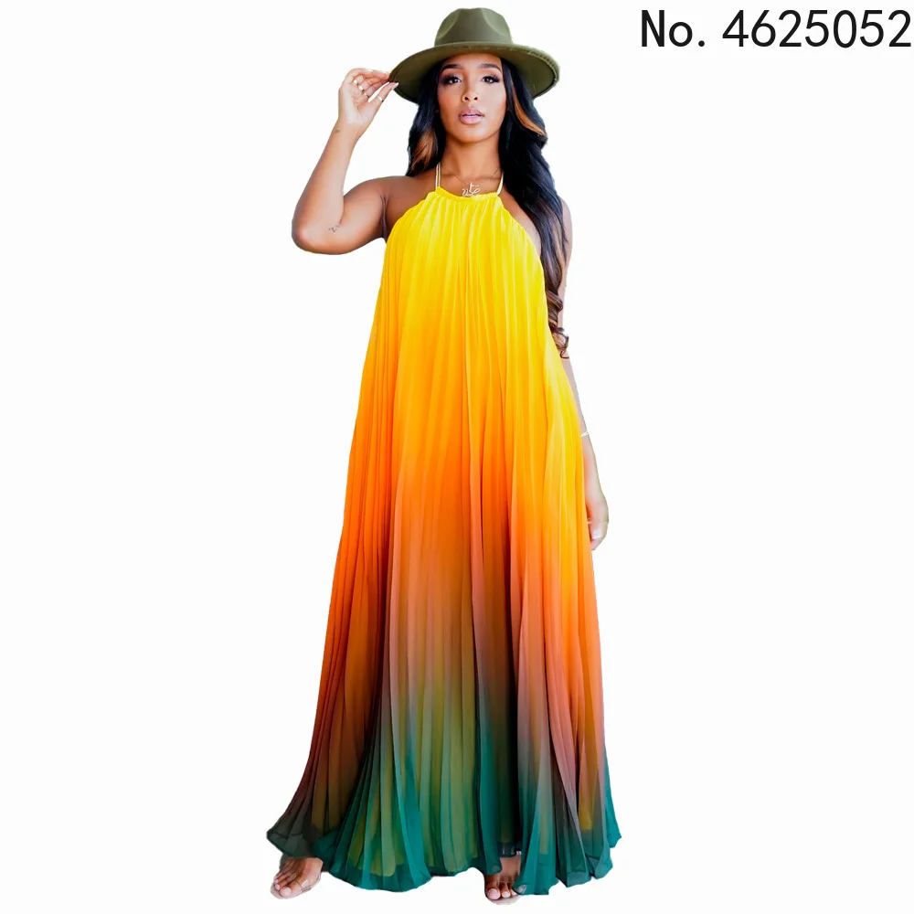 Robe longue plissée à col licou pour femmes, tenue de plage, épaules dénudées, style bohémien, Sexy, été