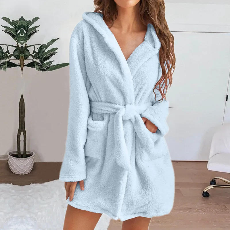 Herbst Winter Damen Sexy Bademantel Flauschiger Plüsch Pyjama Damen Kapuzen-Bademantel Einfarbiger Morgenmantel Warmer Bademantel Damen Loungewear – Detail 15