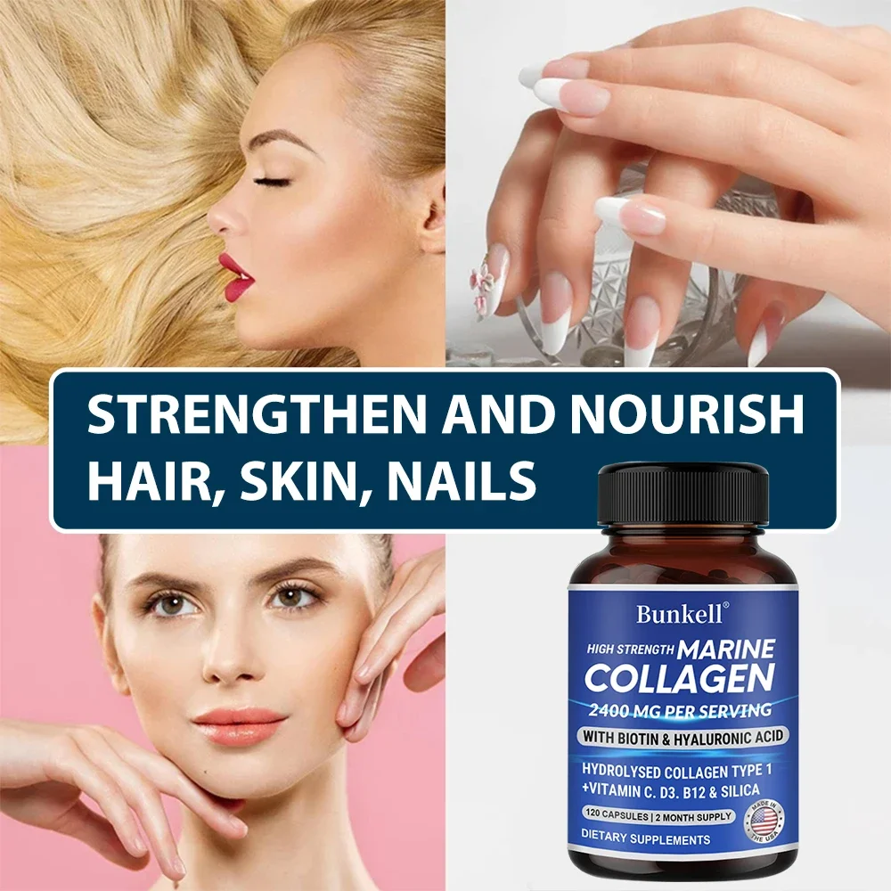 High Strength Marine Collagen Capsules - 2400 Mg, Biotin Hyaluronic Acid Supplement - for Skin, Hair, Nails & Joints, Anti-Aging