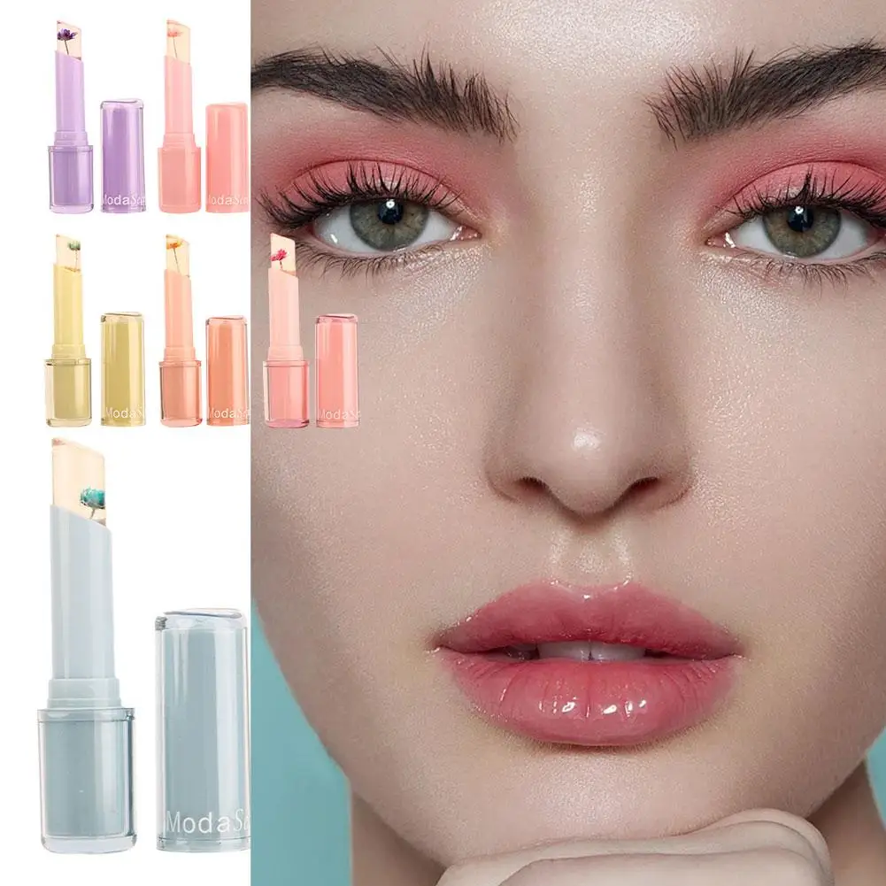 乾燥した花の色の変化リップスティック、保湿化粧品、透明な光沢のあるクリスタル、長いピンクのゼリーリップスティック、耐久性、q4j3、新しい
