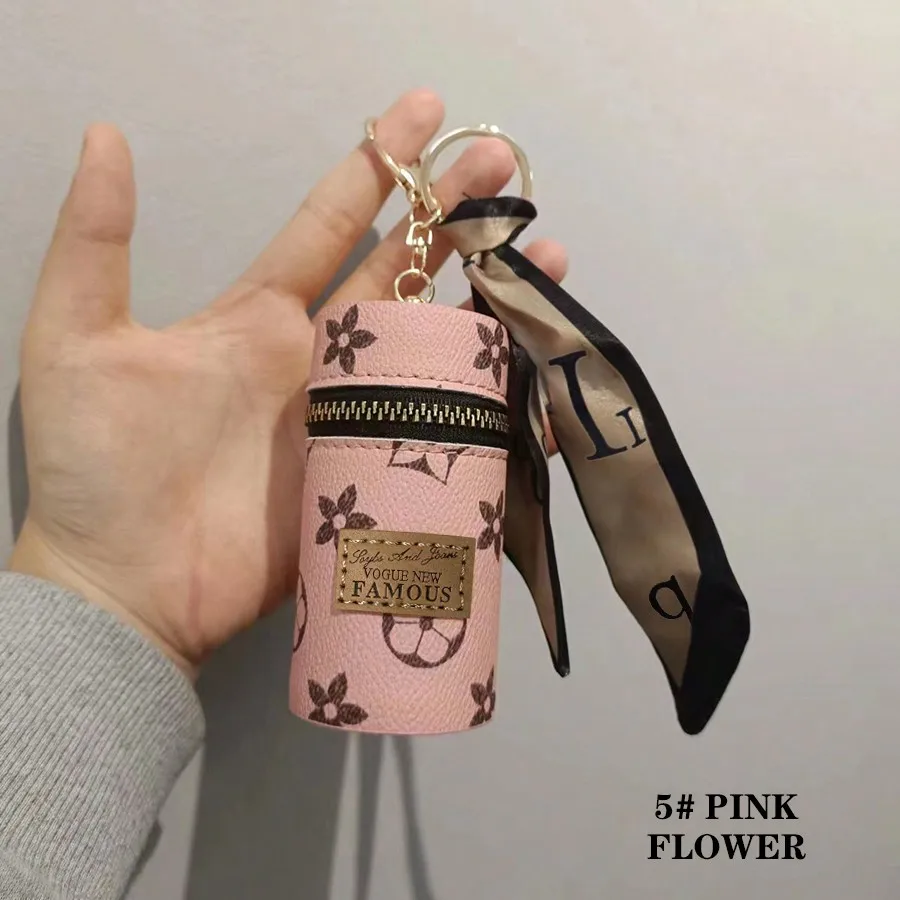 

1pc Stylish Cylindrical Lipstick Case Keychain - PU Leather Monogram Bag Charm with Scarf