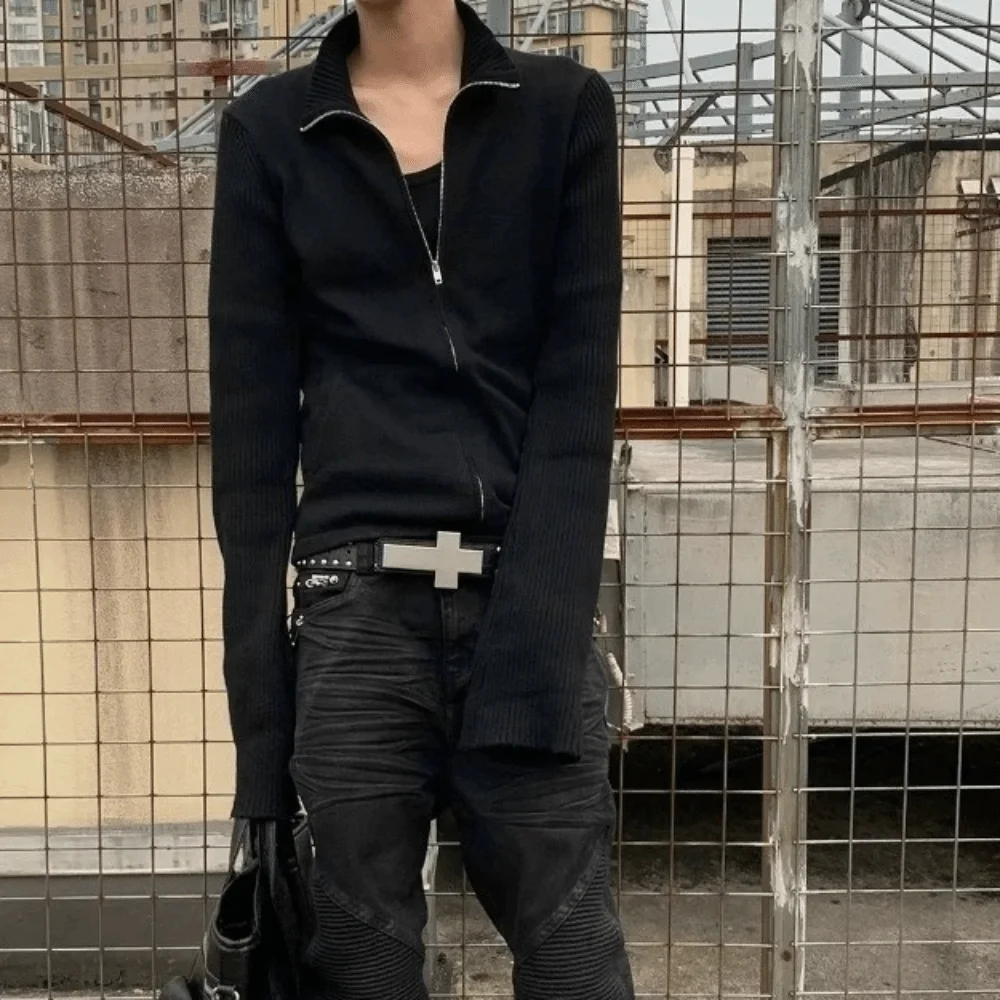 

All-match Harajuku Style Belt Studded Design Rivet Details Punk Studded Belt Black Color Edgy Cross Hip Hop Belt Rock Party