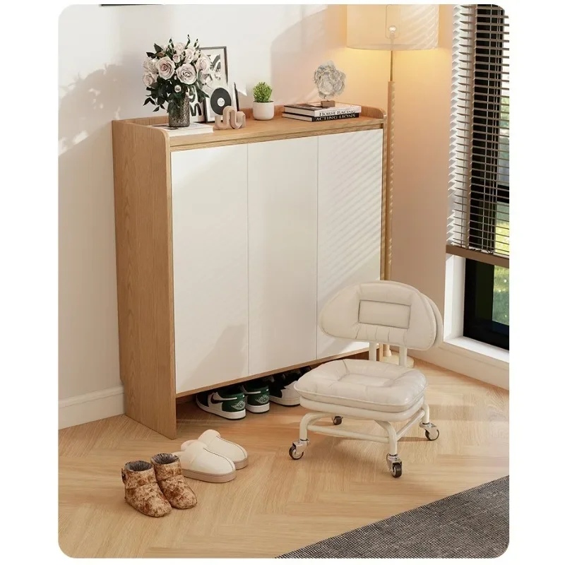 Low Stool With Universal Casters, Round Movable Stool With Backrest, Household Shoe Changing Seat