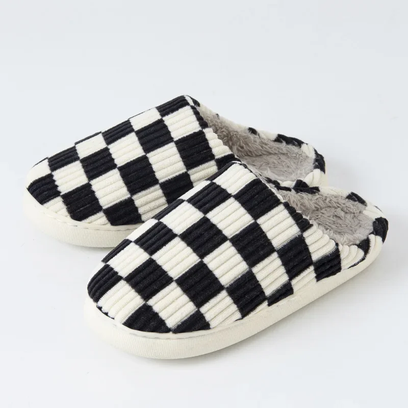 Checkerboard Plush Cotton Slippers for Men Women Anti-skid Winter Thickened Warm Couples Home Shoes New Year Gift