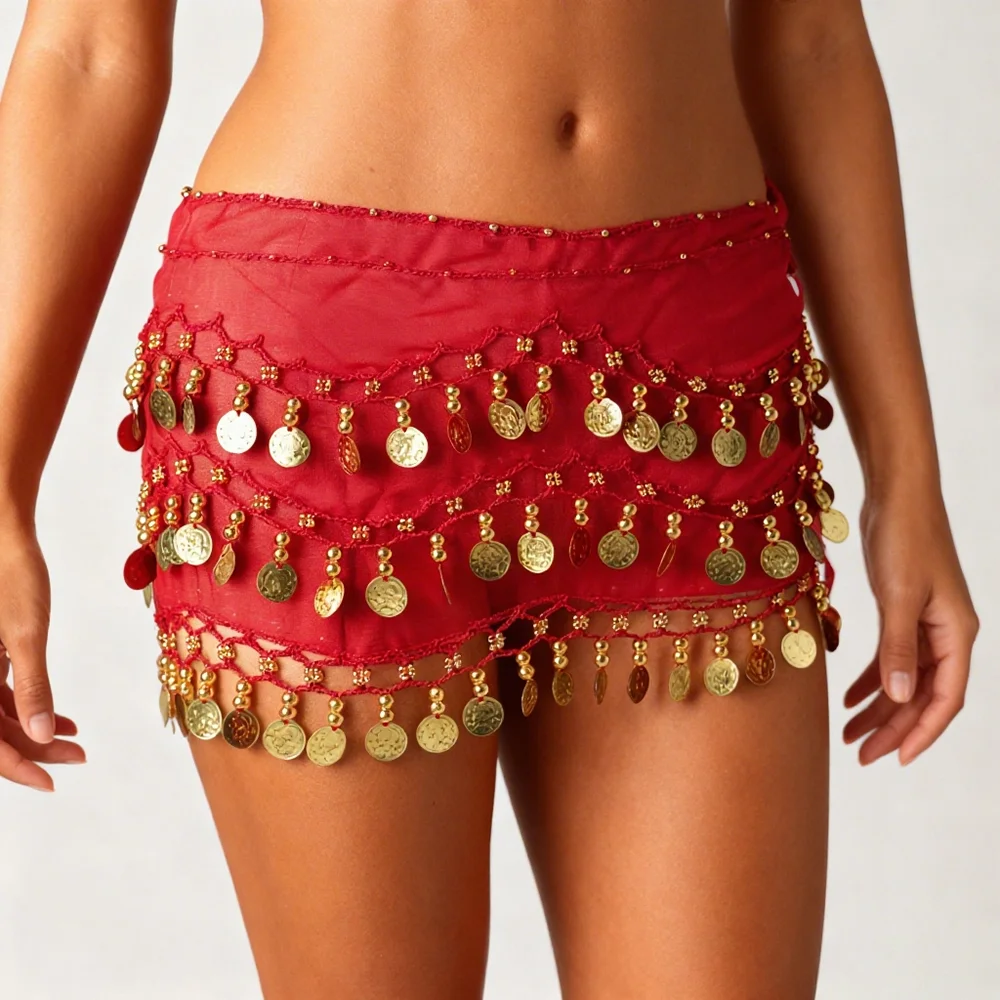 Belly Dance Hip Scarf Belt with Coins Embellished Performance Waist Belt for Girls Ideal for Middle Eastern Dance, Costume, Stag