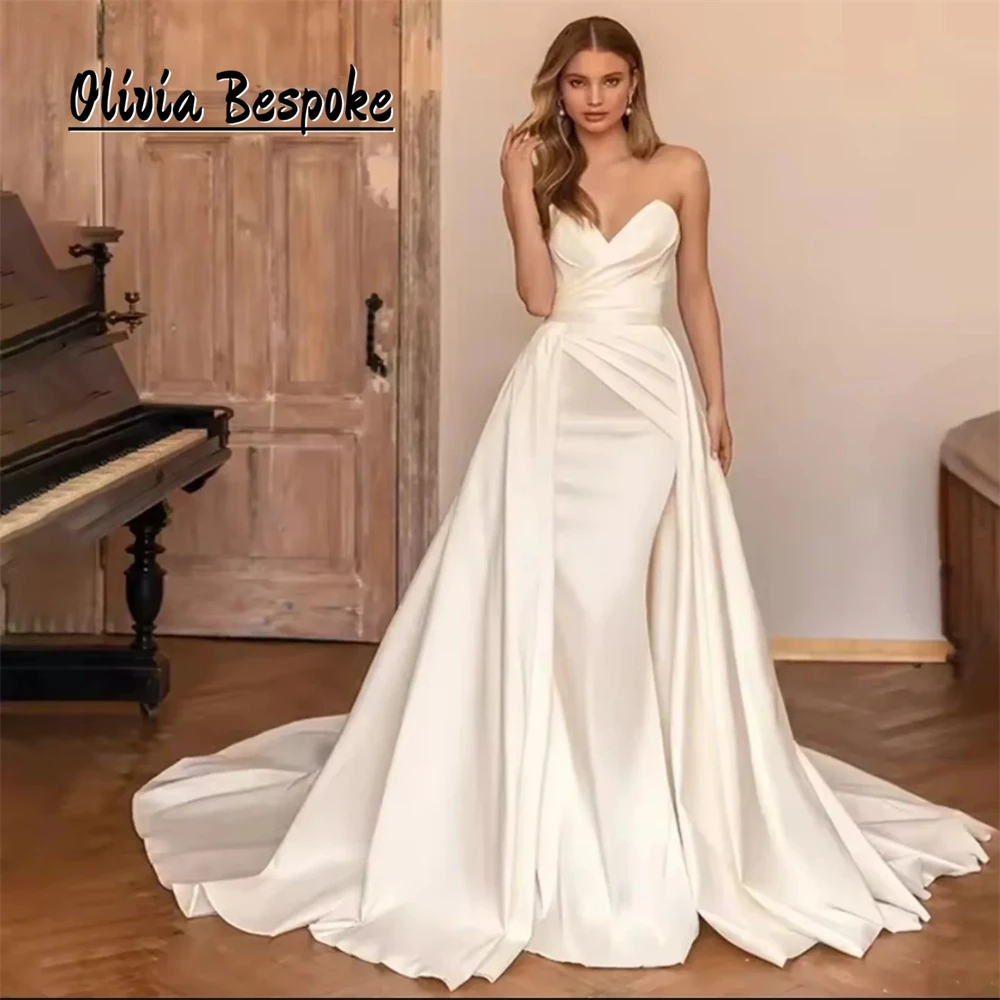 

Elegant Satin Sweetheart Wedding Dresses 2025 Pleat Mermaid Dubai Lace-up Bridal Reception Gown With Detachable Train Customized