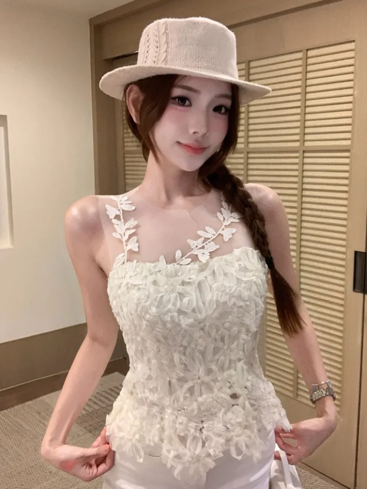 

White Heavy Embroidery Lace Crop Top Women's Summer Slim Fit Tight Body Outerwear Knitted Korean Style Breathable Skin-friendly