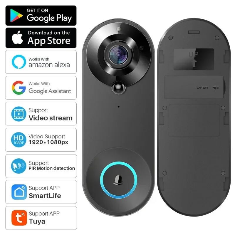 Tuya Video Doorbell WiFi Door Bell Camera 1080P Two-Way Audio Outdoor Waterproof Smart Life Works With Alexa Google Home