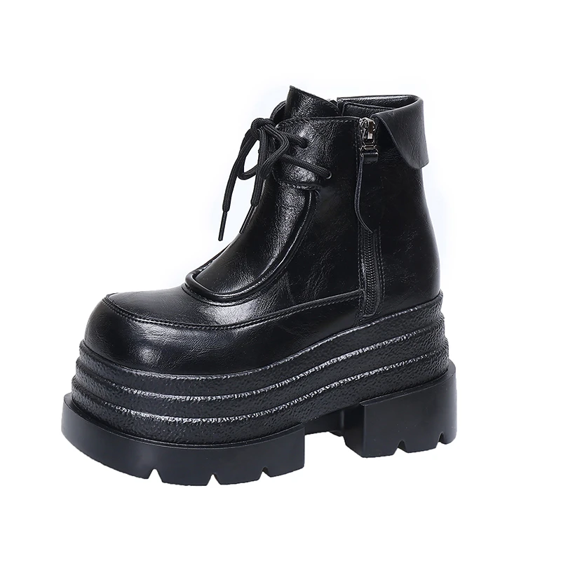 

Women's 10CM High Heels Platform Leather Ankle Boots New 2025 Autumn Winter Chunky Punk Sneakers Zipper Motorcycle Boots