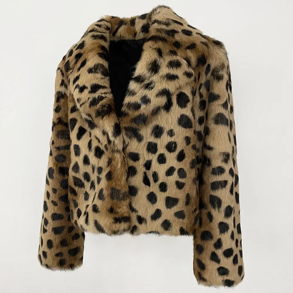 MENINA-Casaco natural de pele de coelho para mulheres, jaqueta leopardo, grossa e quente, casacos elegantes, streetwear, gola virada para baixo, inverno, 2024